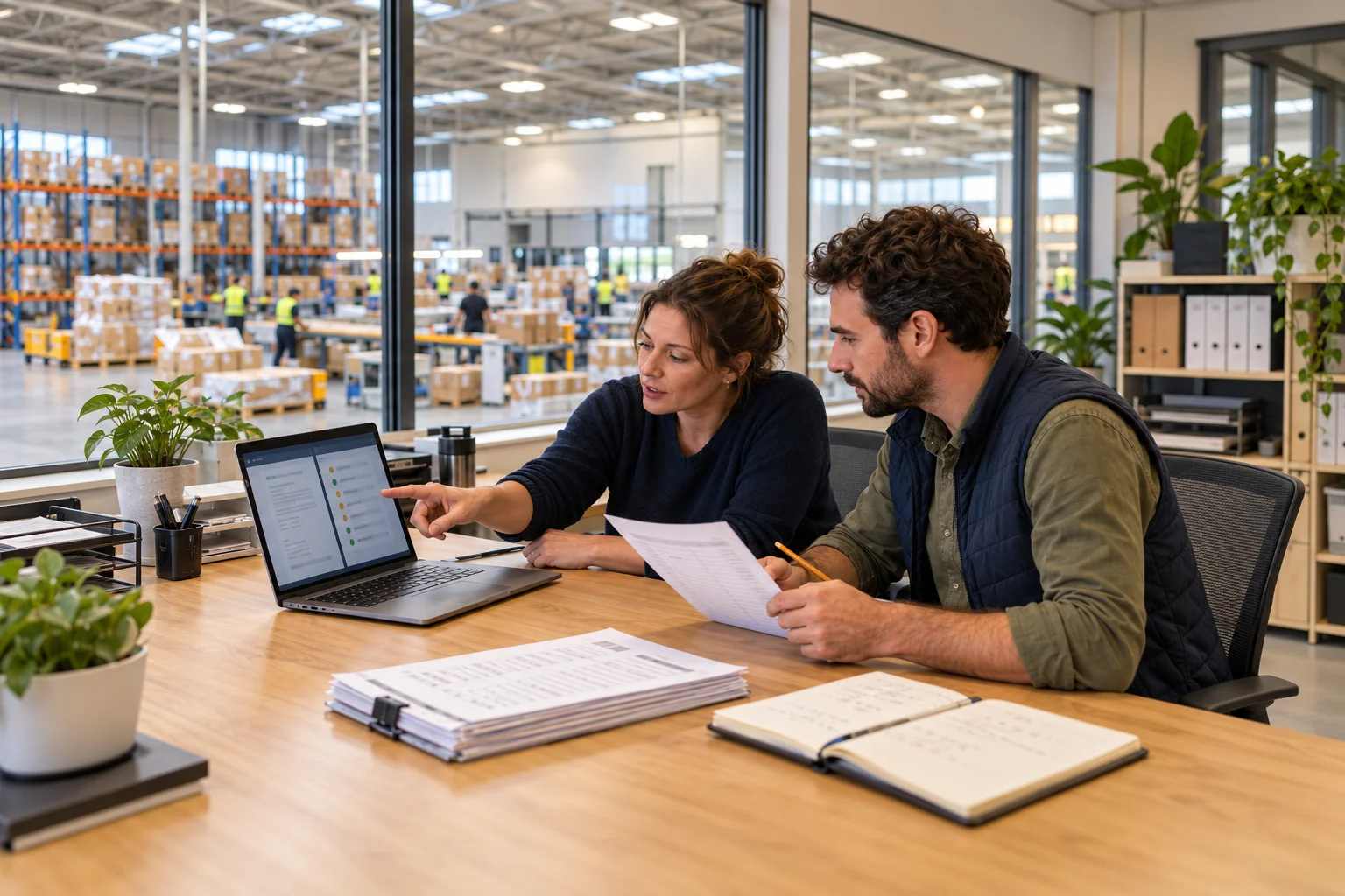 Illustrative scene of an operations manager and a systems colleague reviewing a workflow and laptop beside a warehouse.