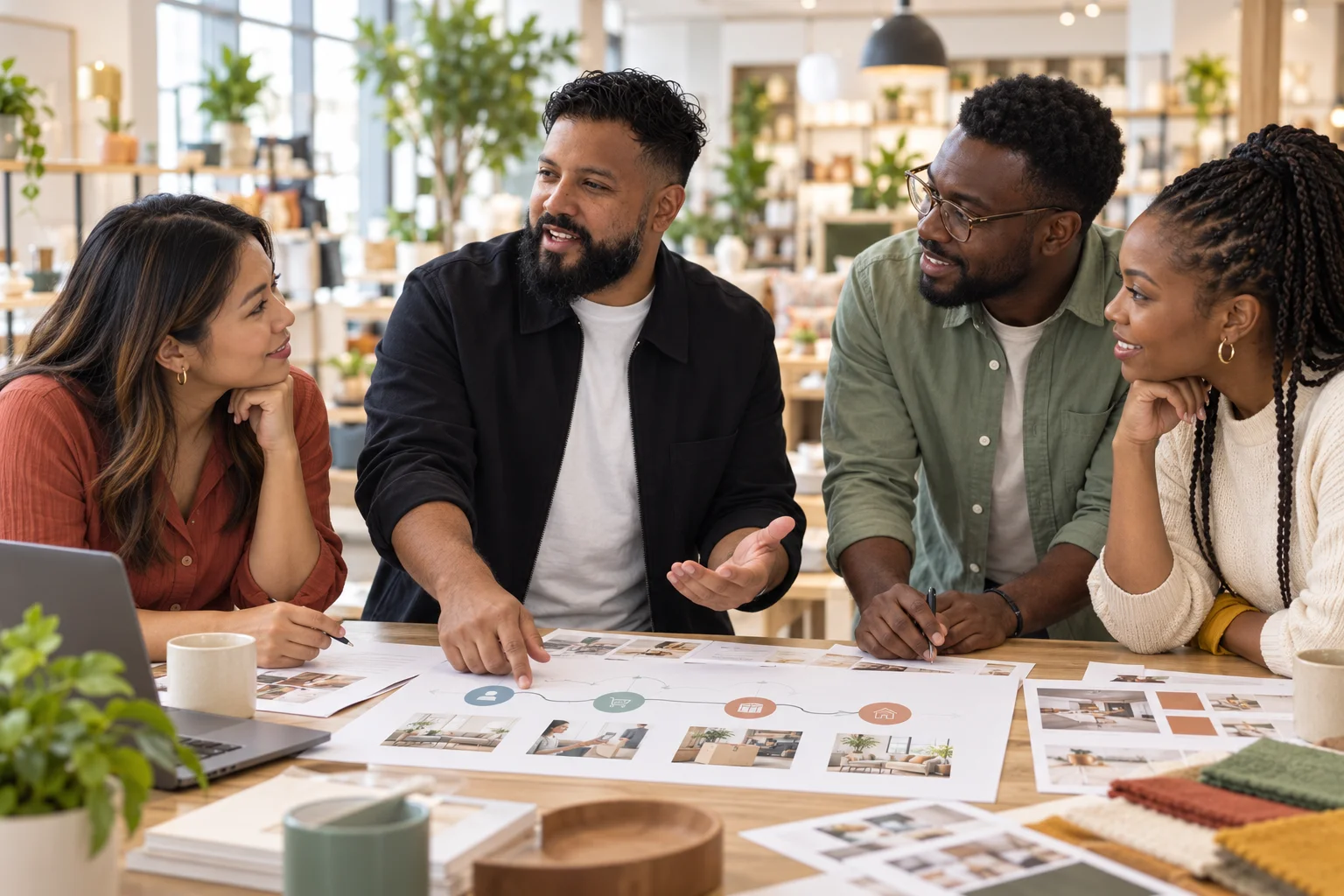 Illustrative scene: Anthony explains a customer journey with a diverse team in a retail showroom.
