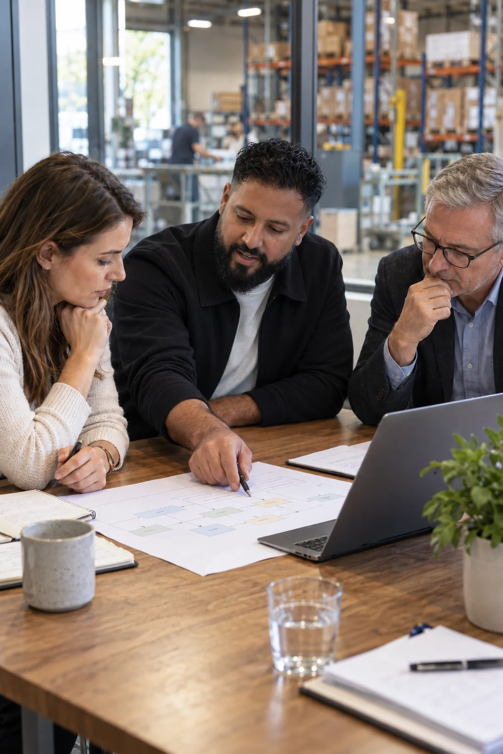 Illustrative assessment session: Anthony reviews a process map with two business professionals, with a working warehouse behind them.