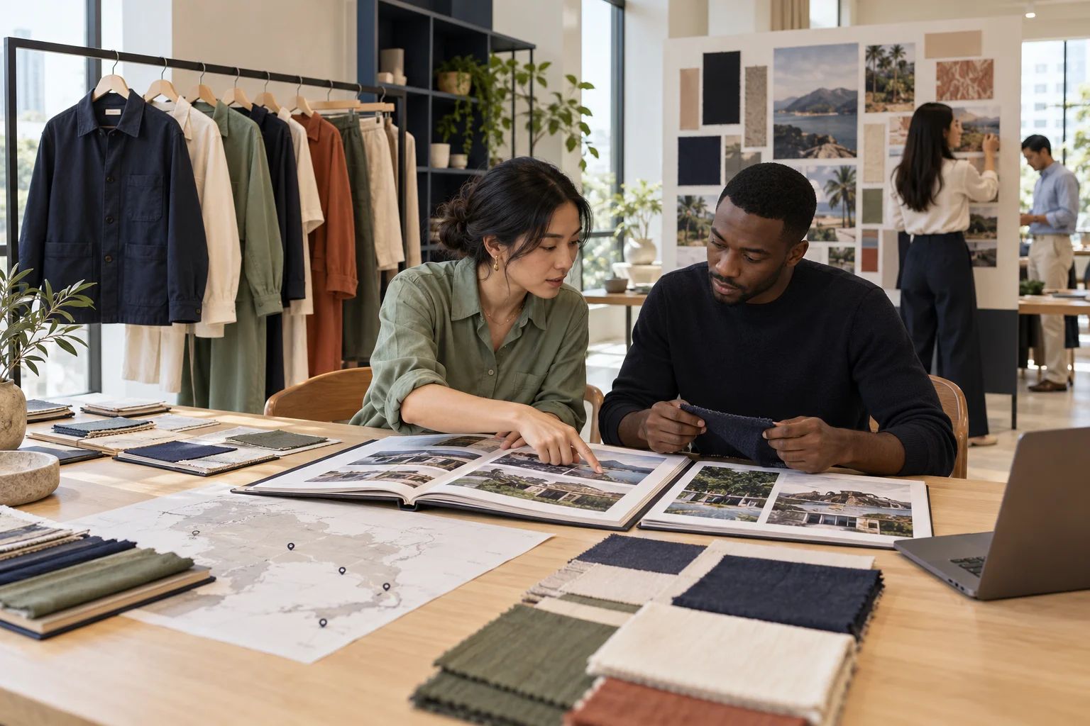 A fashion brand’s sourcing and collection team reviews supplier portfolios, a provenance map and fabric swatches in its headquarters.