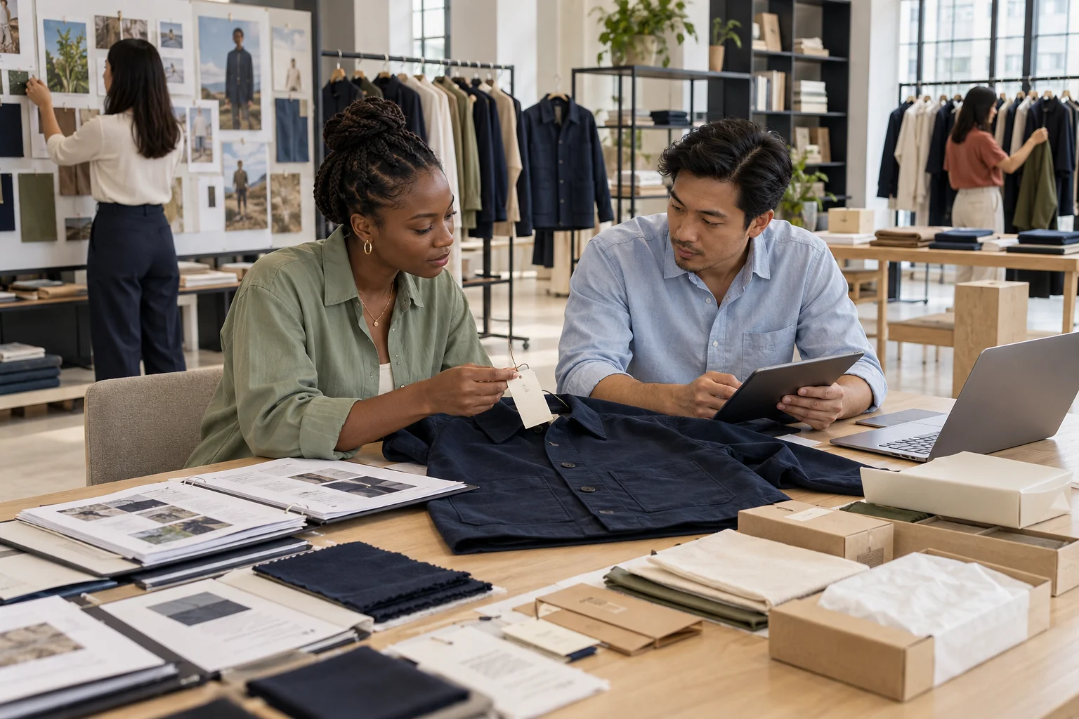 A fashion brand’s product team checks a garment tag against supplier evidence in its collection studio.