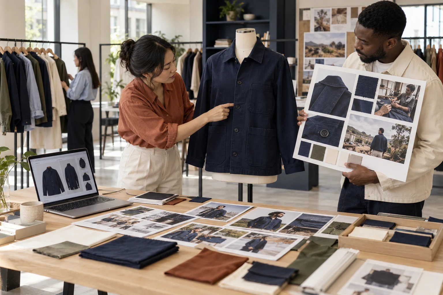 A fashion brand’s creative and merchandising team develops the jacket’s customer-facing story in its showroom.