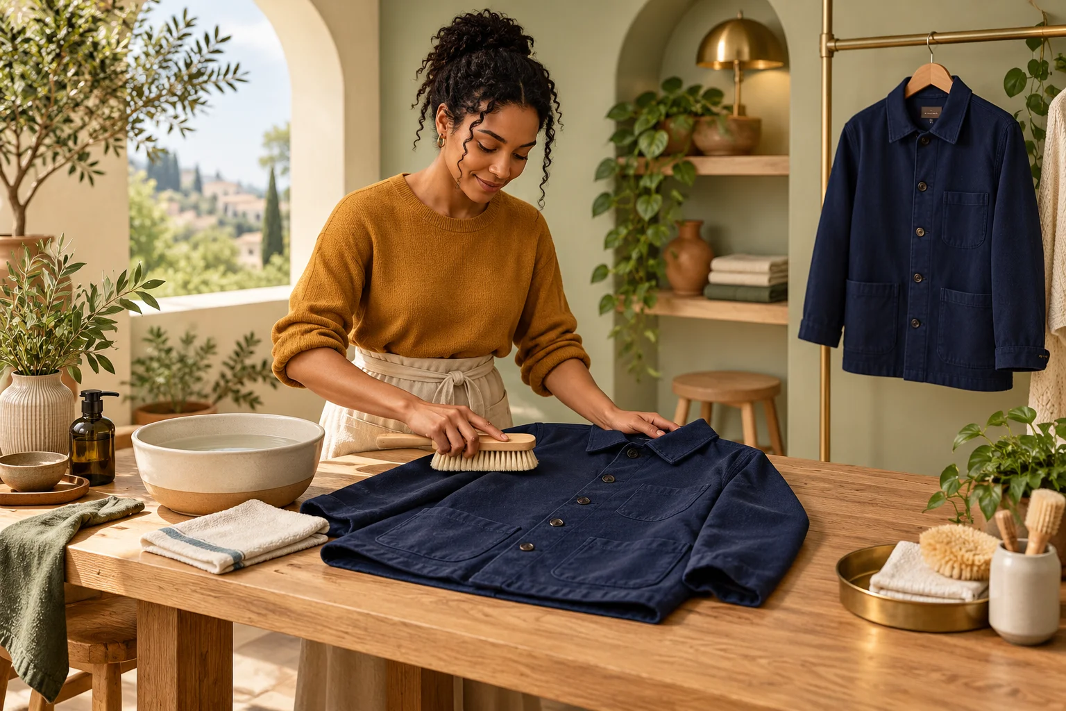 A garment owner brushes a navy jacket and prepares it for continued use.