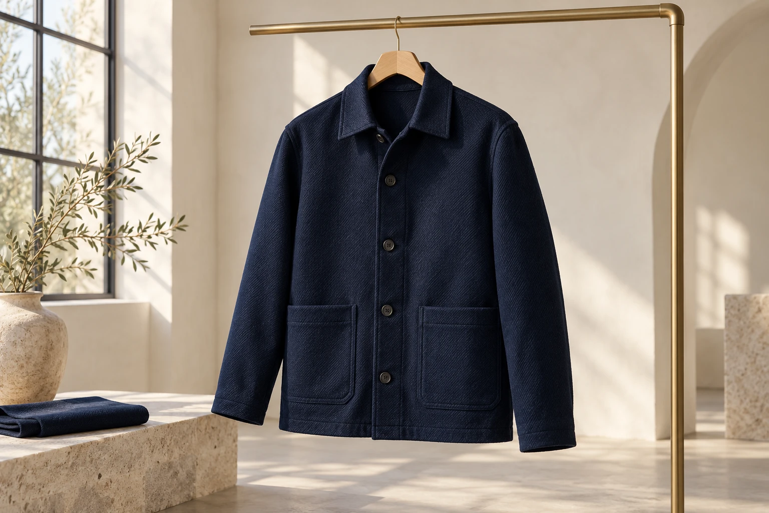 A navy jacket on a brass rail in a sunlit atelier, representing a connected garment journey.