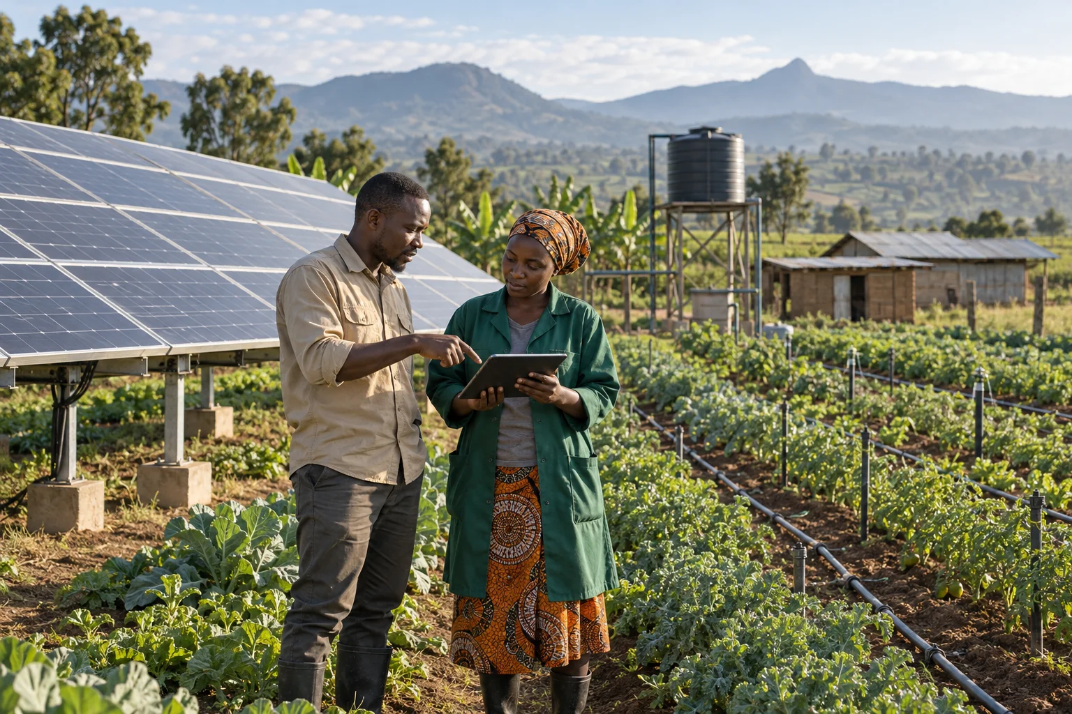 Illustrative energy and agriculture setting: project workers reviewing a tablet beside solar panels and cultivated fields.