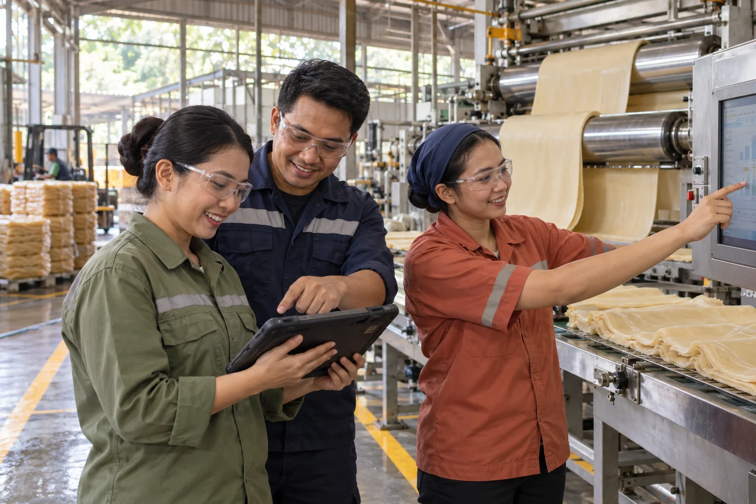 Indonesian colleagues collaborate using a tablet and digital production controls at a natural-rubber processing company.