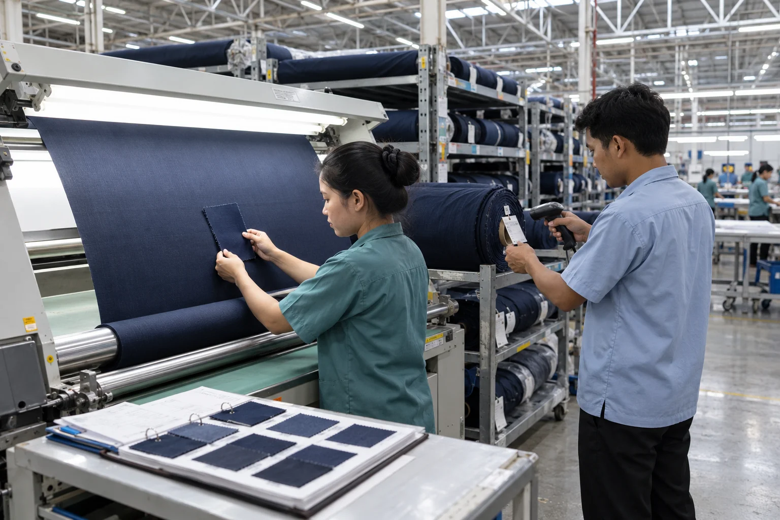 Factory technicians inspect an incoming navy fabric roll and scan its identification tag.