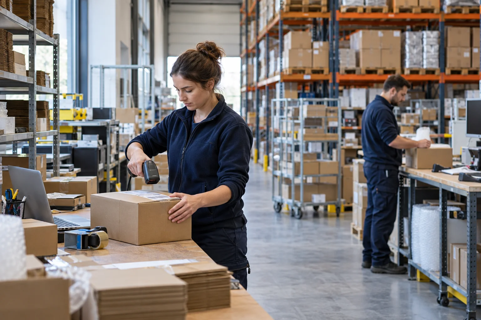 Illustrative omnichannel warehouse scene: colleagues scanning parcels and packing customer orders.