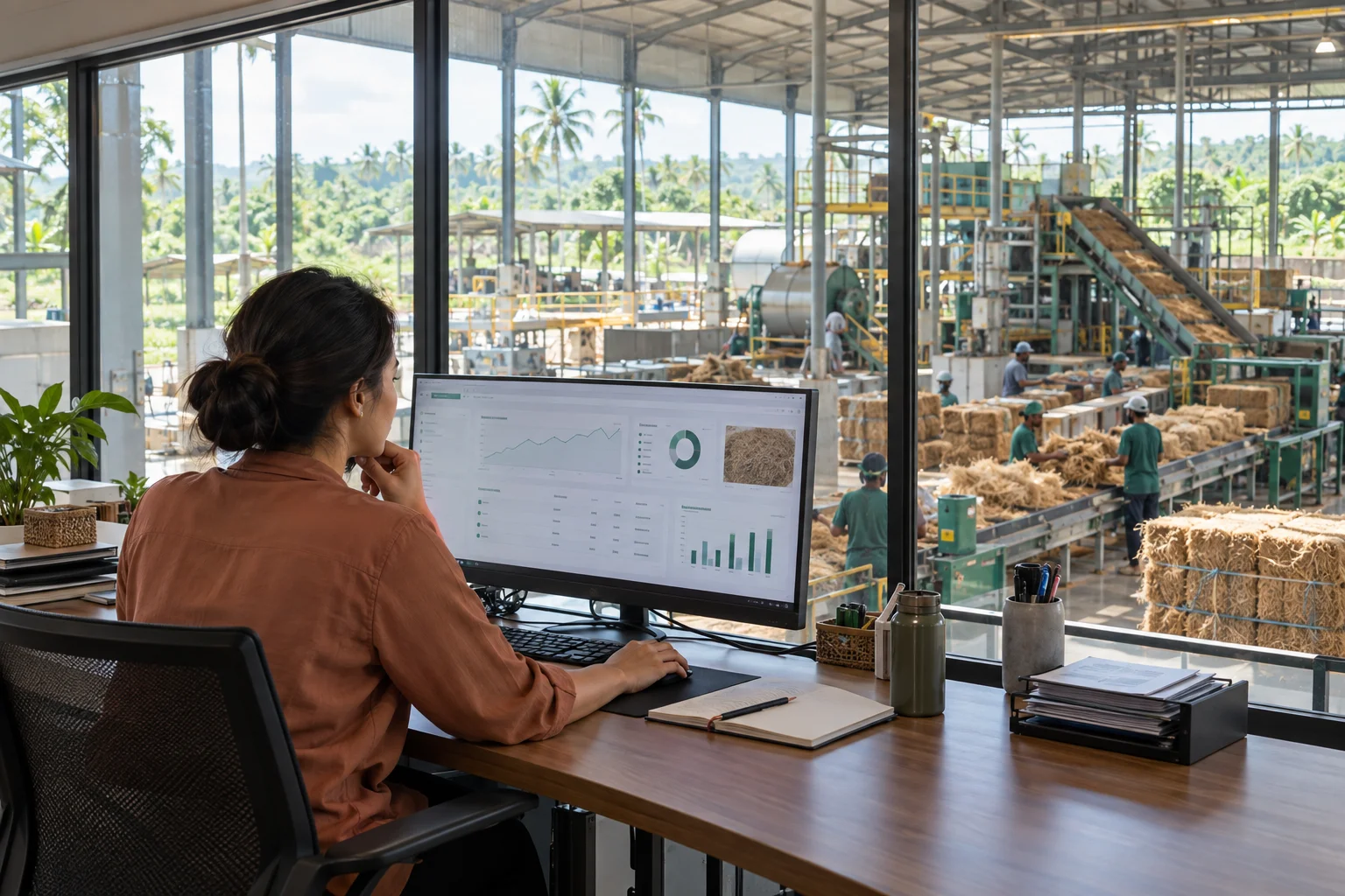 An operations manager reviews information at a monitor overlooking a material processing floor.