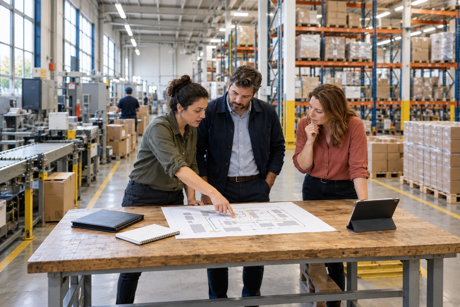 Illustrative scene of company leaders and an operating partner reviewing a process plan beside a manufacturing floor.