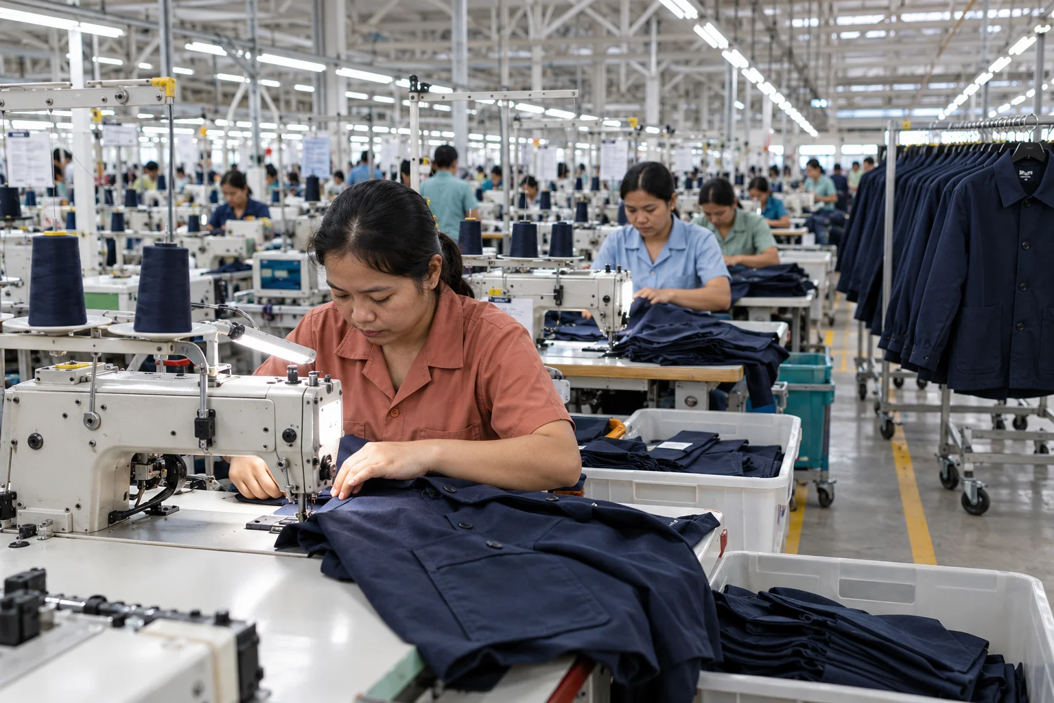 Sewing operators assemble navy jackets on an industrial garment production line.