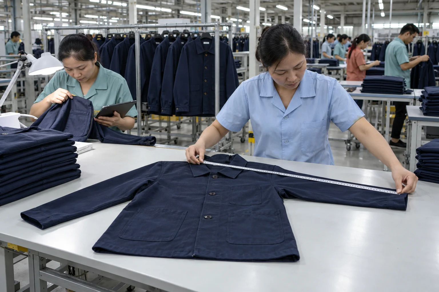 Quality inspectors measure a finished navy jacket and review its stitching in the factory.
