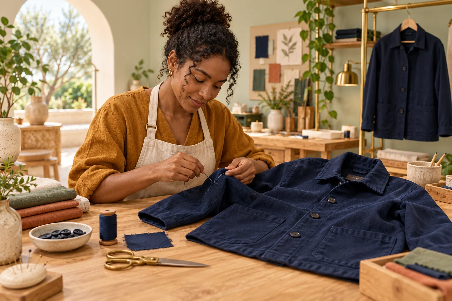 A repair specialist stitches a worn sleeve on the same navy jacket.