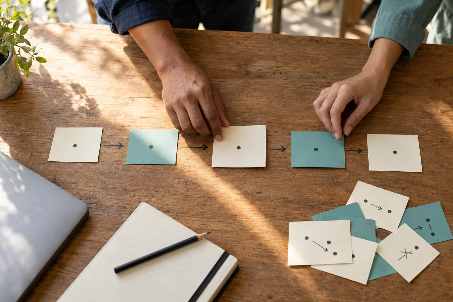 Hands arranging paper workflow cards into a clear sequence, with redundant steps set aside.