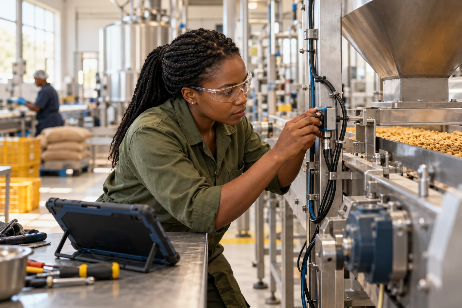 An engineer checks a retrofit sensor on existing processing equipment, with a tablet beside her.